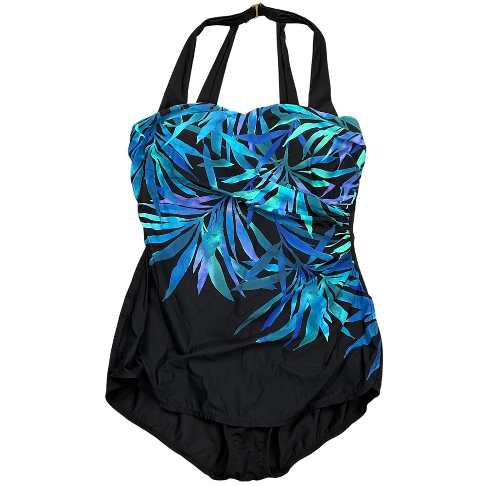 Lands‎ End 1 Pc Swimsuit Womens 8D Black Blue Tropical Palm Bandeau Modest Pool